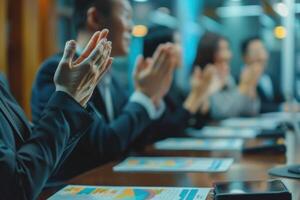 ai gerado o negócio pessoas palmas mãos durante encontro dentro escritório para seus sucesso dentro o negócio trabalhos foto