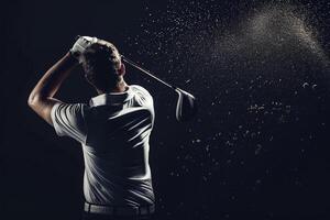 ai gerado jogador de golfe dentro branco camisa oscilante em Preto fundo. foto