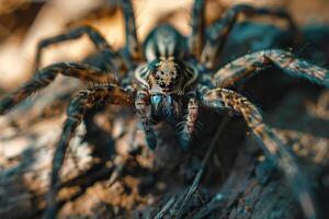 ai gerado fechar-se do ágil Lobo aranha com Boa visão dentro habitat. foto