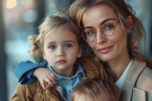 ai gerado ocupado mãe balanceamento trabalhos e família. foto