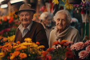 idosos casal dentro próprio flor fazer compras. conceito do pequeno negócios. foto