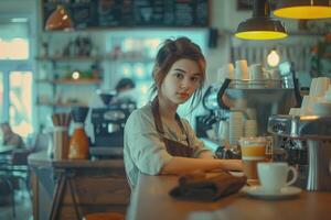 menina trabalhando parte Tempo às cafeteria. foto