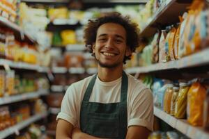 retrato do sorridente supermercado empregado entre prateleiras foto