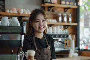 bem sucedido mulher empreendedor possui café fazer compras retrato do barista. foto