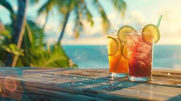 fresco verão coquetéis em de madeira mesa. borrão de praia em fundo foto