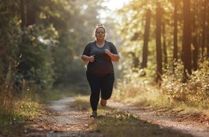 ai gerado dedicada adolescente em uma floresta corre foto