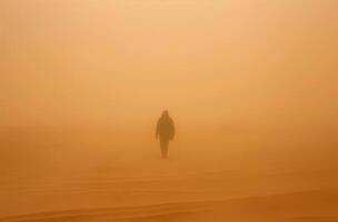 ai gerado pessoa caminhando através tempestade de areia foto