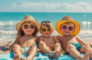 crianças com Sol chapéus de praia foto