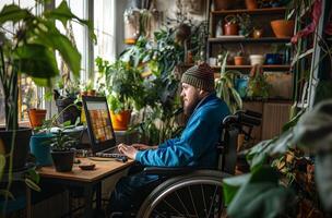 cadeira de rodas do utilizador no meio plantas foto