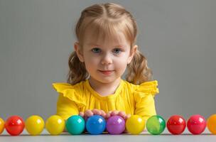 autista menina arranjo bolas foto