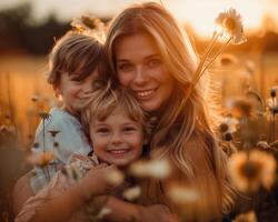 ai gerado feliz mãe e crianças com alegre emoções dentro uma festivo humor em mãe dia foto