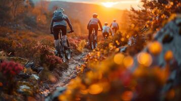 ai gerado ao ar livre atividade tema com pessoas em bicicletas dentro natureza foto