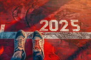a começando do 2025 é escrito em uma colorida estrada. conceptual foto do a chegando Novo ano 2025. Novo ano conceito, motivação, o negócio promoção, degrau avançar, comovente avançar, esperança