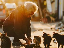 idosos mulheres fornecendo nutrição para disperso gatos, ilustrando empatia e companhia no meio solidão foto