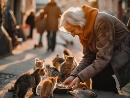 idosos mulheres fornecendo nutrição para disperso gatos, ilustrando empatia e companhia no meio solidão foto