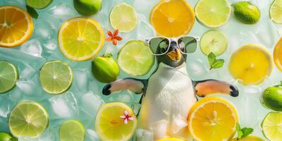 a conceito do uma refrescante verão com peças do citrino frutas tal Como limão, Lima, decorado com fresco hortelã folhas e gelo cubos foto