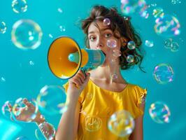 mulher com uma megafone para notícia feeds e vendas marketing, tema do protegendo mulheres direitos e feminismo. foto