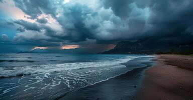 ângulo amplo panorama foto apresentando uma beira-mar com falhando ondas e dramático céu