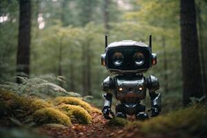 uma robô em pé dentro a madeiras foto