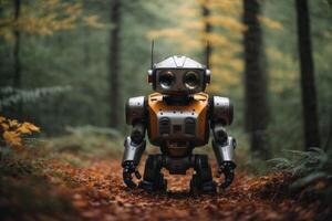uma robô em pé dentro a madeiras foto
