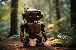 uma robô em pé dentro a meio do uma floresta foto