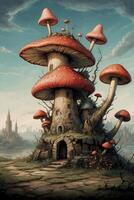 uma cogumelo casa com dois cogumelos em topo foto