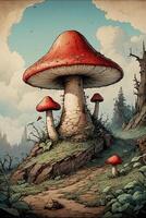 uma cogumelo casa com dois cogumelos em topo foto