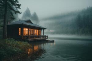 uma cabine senta em a costa do uma lago dentro a névoa foto