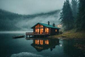 uma cabine senta em a costa do uma lago dentro a névoa foto