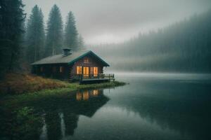 uma cabine senta em a costa do uma lago dentro a névoa foto