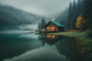 uma cabine senta em a costa do uma lago dentro a névoa foto