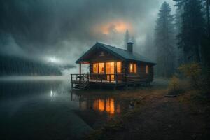 uma cabine senta em a costa do uma lago dentro a névoa foto