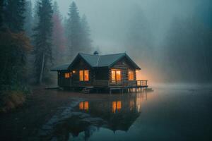 uma cabine senta em a costa do uma lago às crepúsculo foto