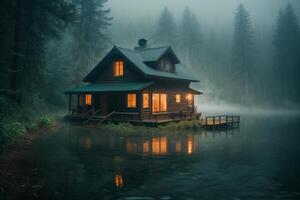 uma cabine senta em a costa do uma lago às crepúsculo foto