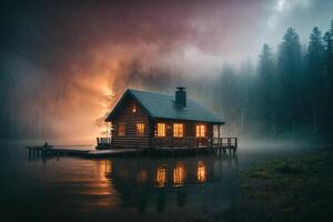 uma cabine senta em a costa do uma lago dentro a névoa foto