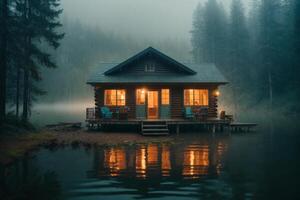 uma cabine senta em a costa do uma lago às crepúsculo foto