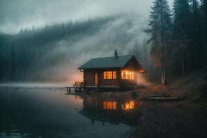 uma cabine senta em a costa do uma lago às crepúsculo foto