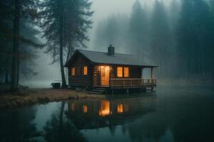 uma cabine senta em a costa do uma lago às crepúsculo foto