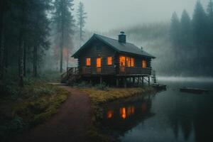 uma cabine senta em a costa do uma lago às crepúsculo foto