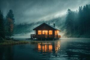 uma cabine senta em a costa do uma lago às crepúsculo foto