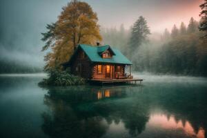 uma cabine senta em a costa do uma lago às crepúsculo foto