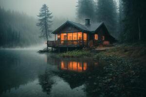 uma cabine senta em a costa do uma lago às crepúsculo foto