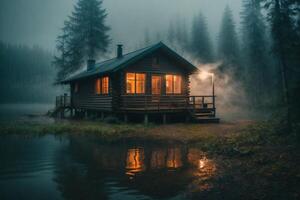 uma cabine senta em a costa do uma lago às crepúsculo foto