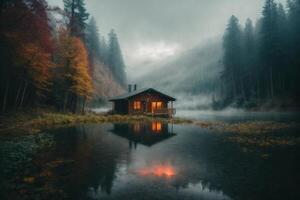 uma cabine senta em a costa do uma lago às crepúsculo foto