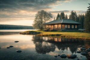 uma pequeno casa senta em a costa do uma lago foto