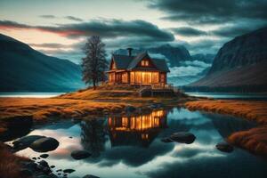 uma casa senta em a ilha dentro a meio do uma lago foto