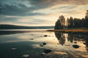 uma lago com pedras e árvores às pôr do sol foto