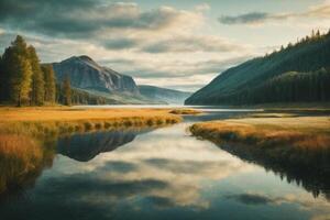 uma caminho conduz para uma lago e montanhas dentro a fundo foto