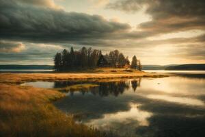 uma lago com árvores e uma nublado céu foto