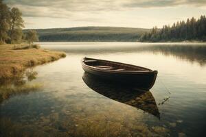 uma barco é sentado em a costa do uma lago foto